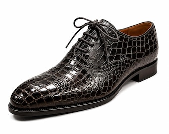 HandmadeClub Men's Premium Black Alligator Print Leather Oxford Shoes – Classic Formal Business Footwear