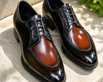 Men's Handmade Goodyear Welted Two Tone Leather Lace-Up Oxford Shoes – Black Burnished