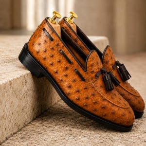 Scarpe Oxford eleganti da uomo in vera pelle fatte a mano con motivo cammello e struzzo
