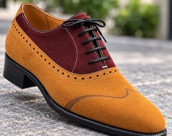 Men's Two Tone Wingtip Dress Shoes, Burgundy Orange Oxford Shoes, Brogue Formal Shoes, Wedding Shoes, Business Shoes, Vintage Style