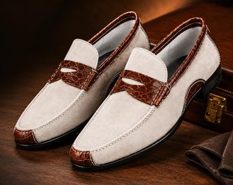 Mocasines de ante bicolor para hombre, hechos a mano: zapatos elegantes para bodas y negocios.