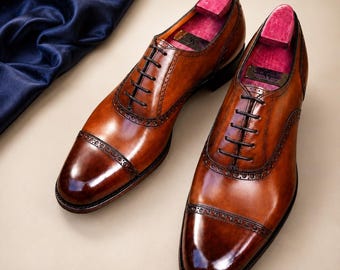 Bespoke Men's Shinny Brown Leather Oxford Cap-Toe Lace Up Formal Casual Shoe Men