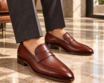 Men’s Brown Leather, Handmade Penny Loafers, Classic Dress Shoes, Slip On Formal Shoes, Business Wedding Shoes, Luxury Leather Footwear