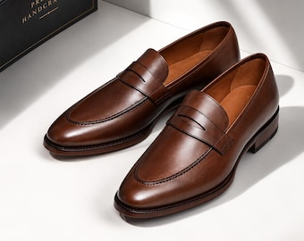 Handmade Classic Brown Leather Penny Dress Shoes, Office Moccasin, Party Slip On