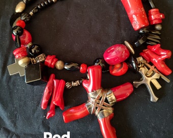 Unique One Of a Kind Coral Cross Necklace. Custom Cross. Handmade Artisan Wearable Art. Multi Stone Jewelry. Chunky Necklace. Turquoise.