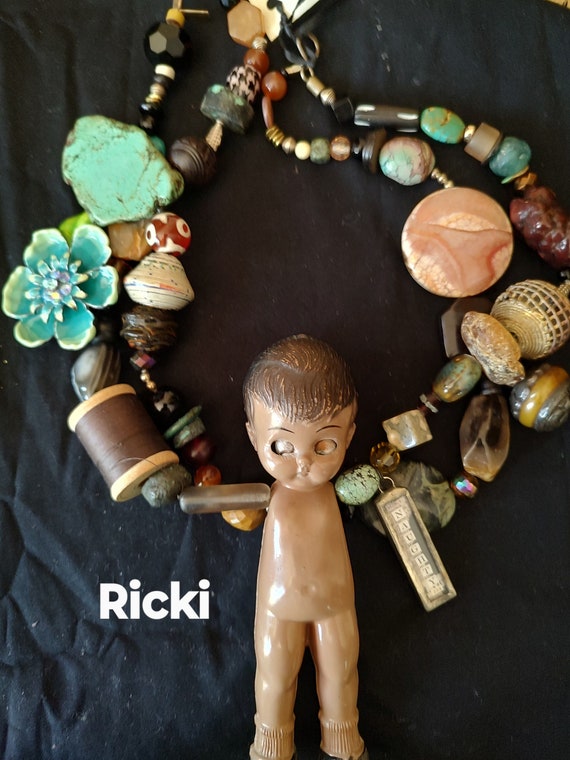 Unique Beaded Necklace. Arty. OOAK Statement Wearable Art. Vintage Doll. Artisan Handmade.2 Strands. Mixed Stone. Custom Tibet. Turquoise
