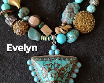 Designer Beaded OOAK Necklace. Custom Jewelry. Turquoise and Brass Mixed beads. Art To Wear Designer Necklace. Tibet. Vintage. Double Strand
