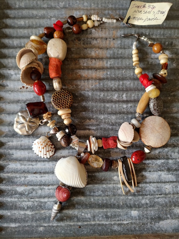 Sea Shells Art Necklace. Unique Handmade Custom Artisan OOAK Jewelry. Wearable Art. Double Strand. Neutral. Shell Coral. Statement Art