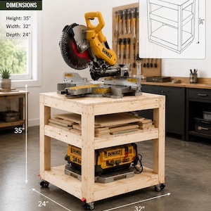 Mobile Miter Saw Table Plans PDF DIY Miter Saw Station Garage Workbench Woodworking Plans Rolling Saw Stand Instant Download