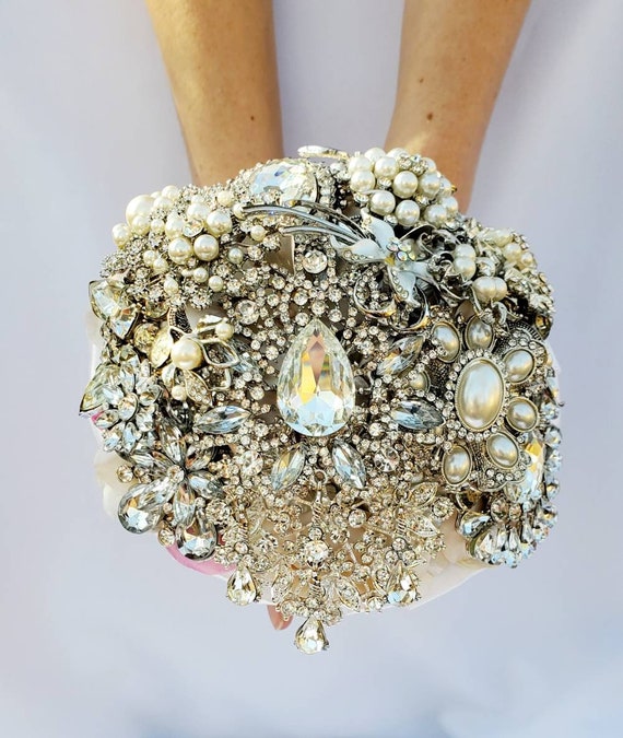 Custom Brooch Bouquet Bridal Broach Bouqet in Silver Clear Crystal Sparkly Bling Jeweled Bouqet Pink Blue