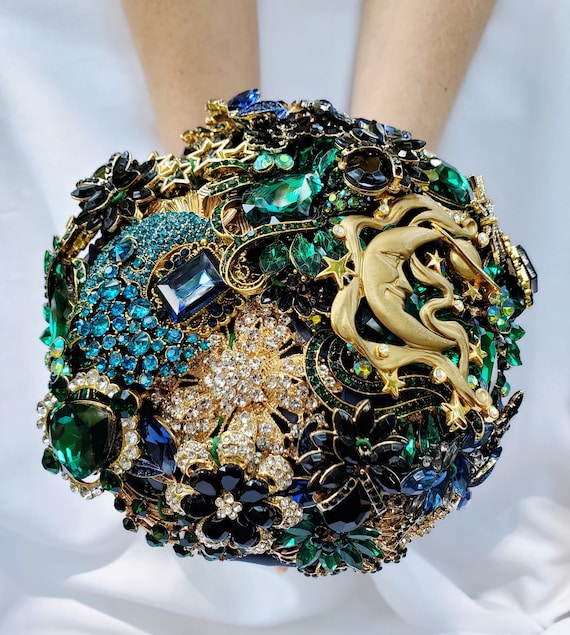 MADE to ORDER Celestial Themed Bridal Wedding Brooch Bouquet in Gold Emerald Green Navy Blue Teal Turquoise Black Crystal
