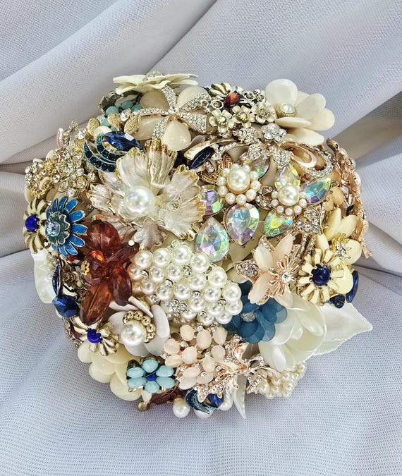 FULL PRICE CUSTOM Order Medium Brooch Bouquet Cream Gold Silver Ivory Elegant Crystal Pearl Blue Amber Brown Bridal Broach Wedding Bouqet