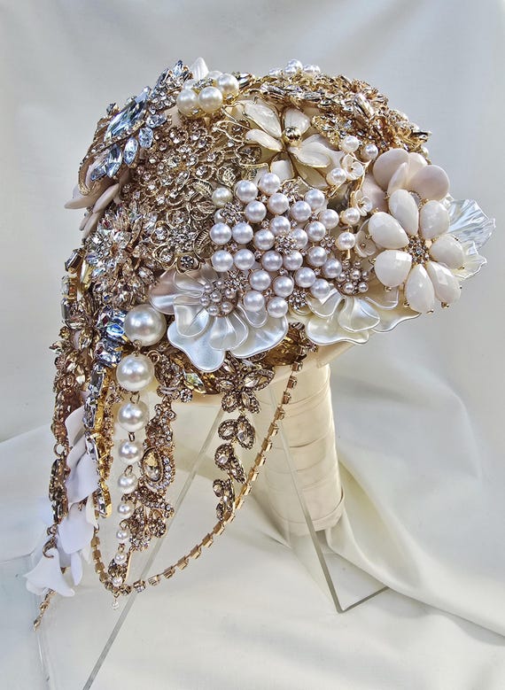 READY to SHIP Large Brooch Bouquet Cascading Champagne in White Gold Ivory Crystal Rhinestone