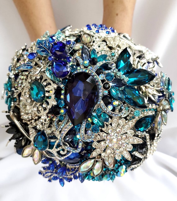 Custom Bridal Wedding Brooch Bouquet Art Deco in Pearl Silver Teal Turquoise Blue Black Crystal Broach Bouqet