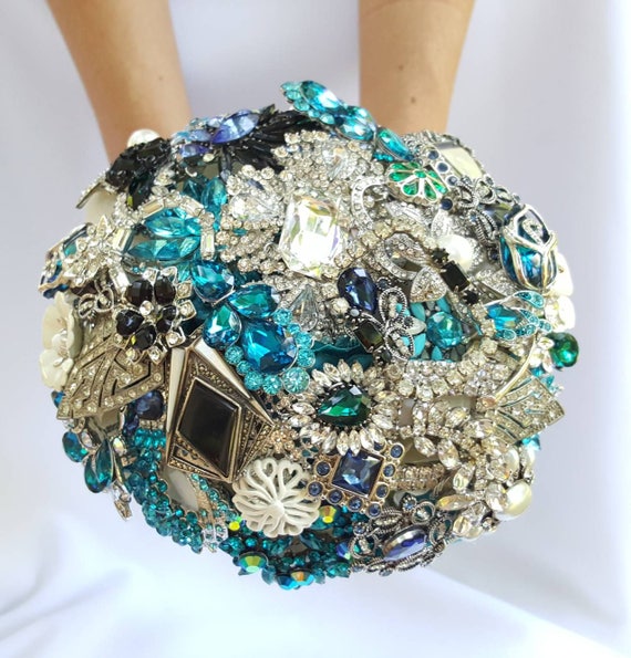 Custom Bridal Wedding Brooch Bouquet Art Deco in Pearl Silver Emerald Green Teal Turquoise Blue Black Crystal Broach Bouqet