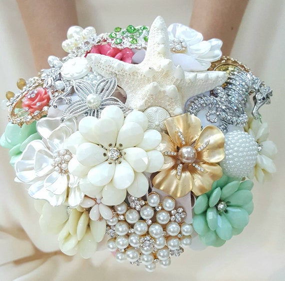 Custom Made Bridal Wedding Brooch Bouquet in Pearl Silver  Mint Sea Foam Green Champaigne Topaz Gold Coral Crystal Broach Bouqet