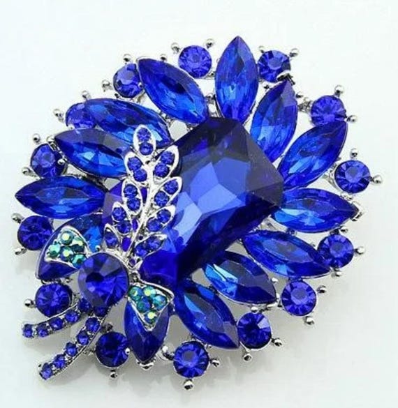 Silver Tone Large Crystal Cobalt Royal Sapphire Blue Rhinestone Brooch Pin