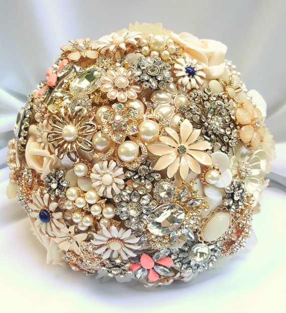 FULL PRICE Large Brooch Bouquet Cream Champagne Gold Pearls Navy Blue Peach Coral CUSTOM Bridal Broach Bouqet