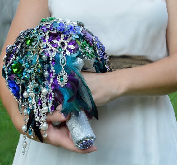 FULL PRICE CUSTOM Cascading Brooch Bouquet Peacock Broach Bouqet Peacock Wedding Teal Purple Black Silver Pearls Green Blue