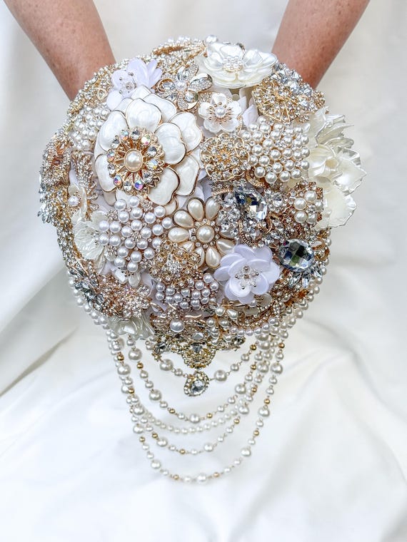 Custom Cascading Brooch Bouquet: Ivory and Gold Crystal Pearls