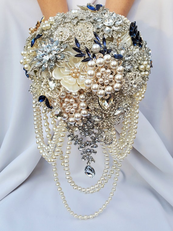FULL PRICE CUSTOM Made Cascading Bridal Brooch Bouquet Ivory White Silver Navy Blue Crystal Pearls