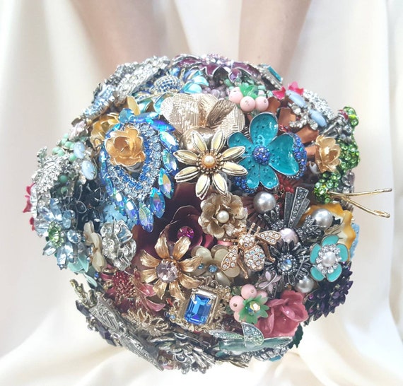 ASSEMBLY SERVICE Full PRICE Custom Made Vintage Enamel Bridal Brooch Bouquet Purple Teal Royal Blue Pink Yellow Green Ivory Gold Custom