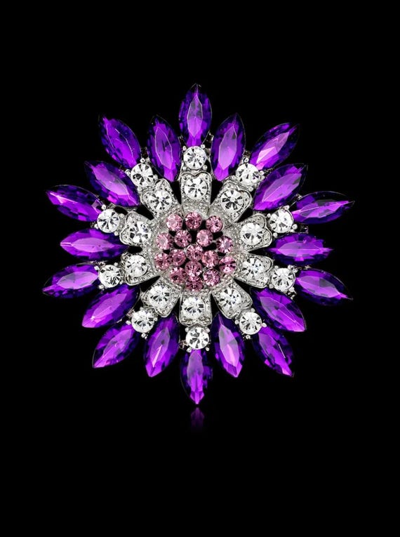 Silver Tone Large Crystal Clear Royal Purple Plum Aubergine Rhinestone Brooch Pin