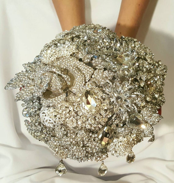 DEPOSIT ON Brooch Bouquet Custom Bridal Broach Bouqet Silver Clear Crystal Sparkly Bling Jeweled Bouqet Red Handle