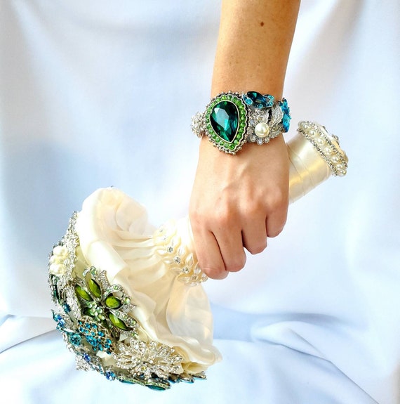 Custom Bridal Wedding Brooch Bouquet and Wrist Corsage in Pearl Silver Emerald Green Teal Turquoise Blue Crystal Broach Bouqet