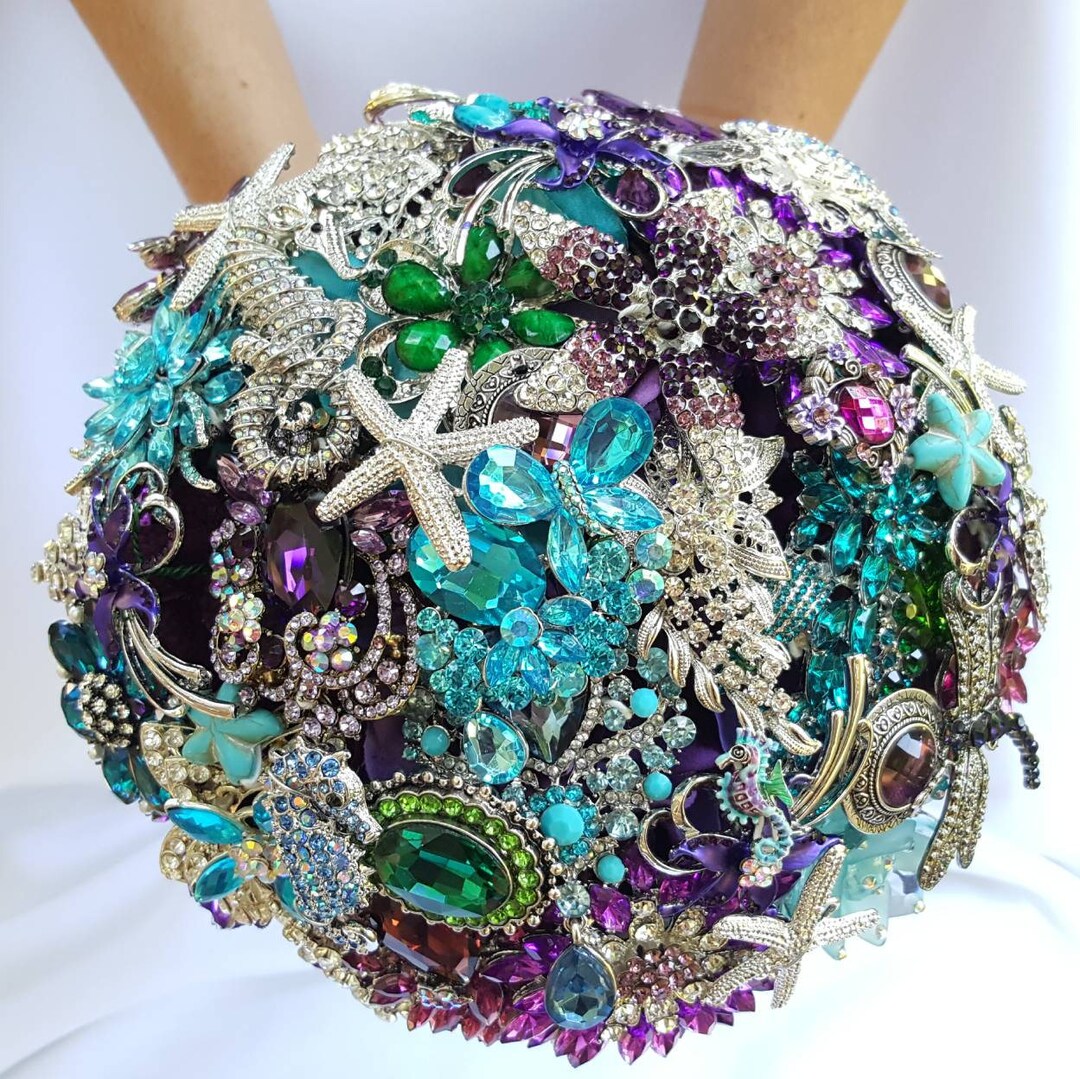 Custom Bridal Brooch Bouquet for Beach Wedding in Purple Silver ...