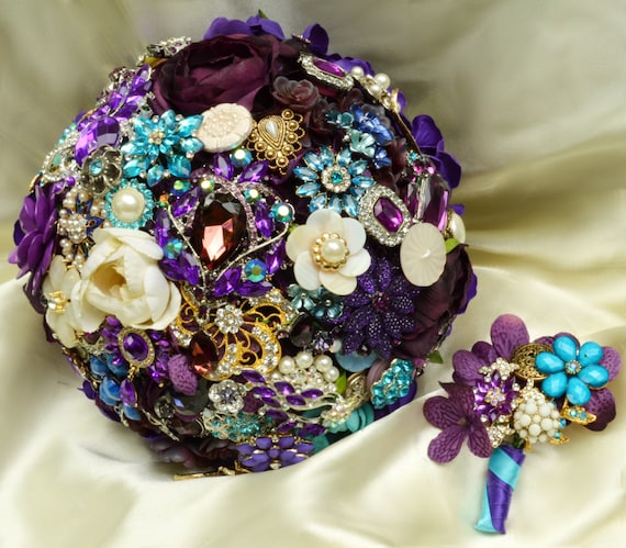 Custom Puple Heart Military Wedding Family Heirloom Keepsake Brooch Bouquet Bridal Blue Purple Turquoise Teal Ivory Pearl Broach Bouqet