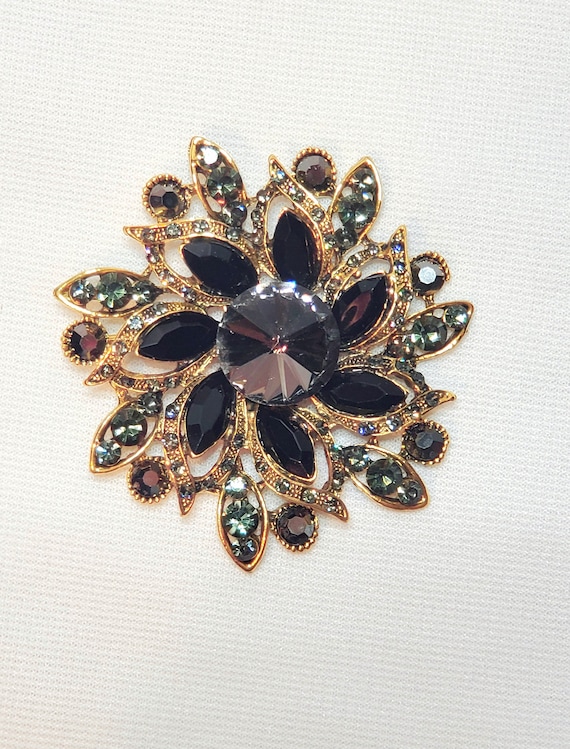 Gold Tone Black Dark Charcoal Grey Large Rhinestone Brooch