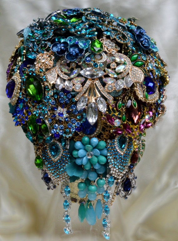 Custom Bridal Brooch Bouquet Teal Gold Peacock Cascading Broach Bouqet  Royal Blue Turquoise Green Purple Crystals