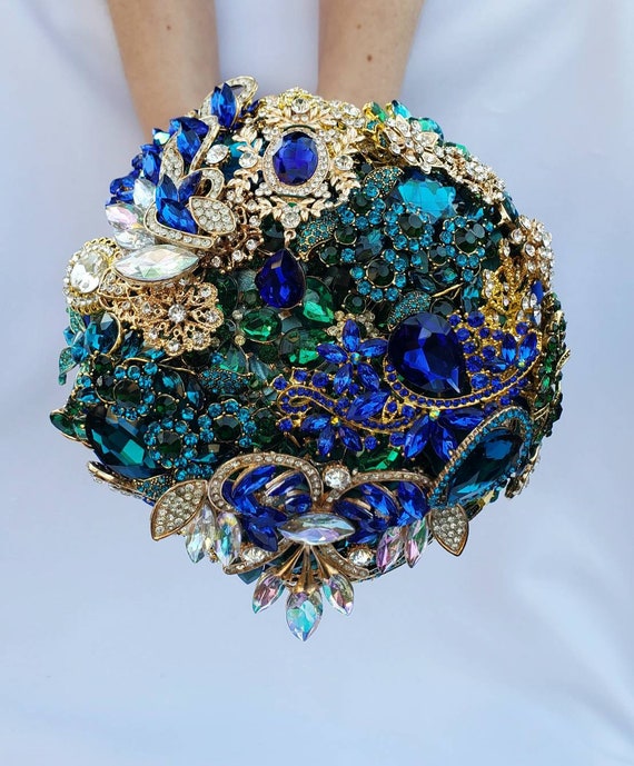 FULL PRICE on CUSTOM Bridal Brooch Bouquet Jewel Tone Peacock Fall Autumn Wedding Teal Broach Cobalt Royal Blue Gold Emerald Green Bouqet