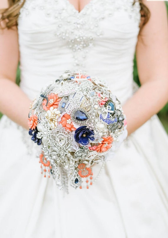 Custom Made Cascading Bridal Brooch Bouquet White Pearl Navy Blue and Coral Broach Bouqet Peach Salmon Pink Naval Wedding