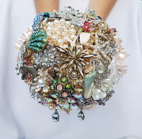 FULL PRICE Large Flower and Brooch Bouquet White Ivory Cream Silver Pearls Pink Peach Blush Coral and Groom Boutonniere CUSTOM Bridal Bouqet