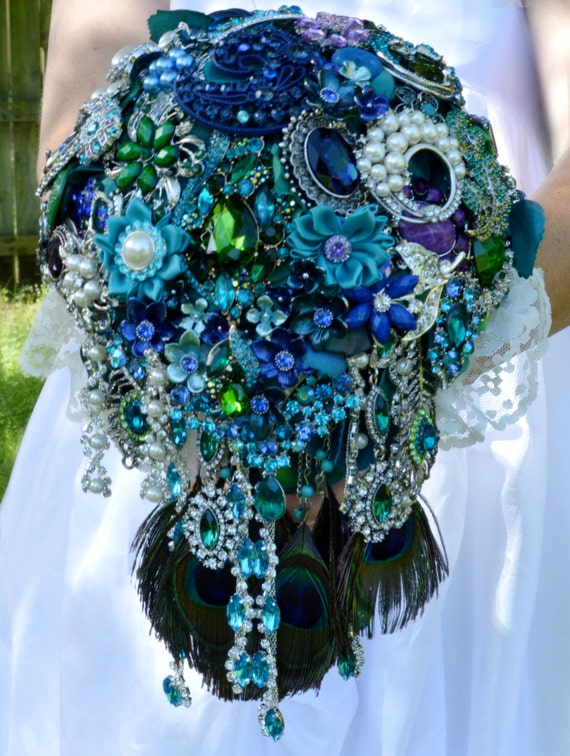 FULL PRICE CUSTOM Made Peacock Cascading Bridal Brooch Bouquet Peacock Feathers Cascade Teal Turquoise Blue Green Pearl Purple