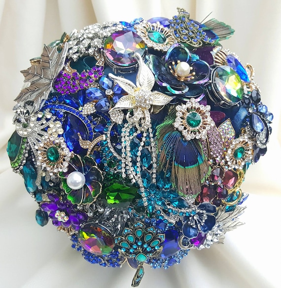 Custom Bridal Brooch Bouquet for Peacock Wedding Broach Bouqet in Teal Green Purple Turquoise Gold Silver Pearl royal Blue