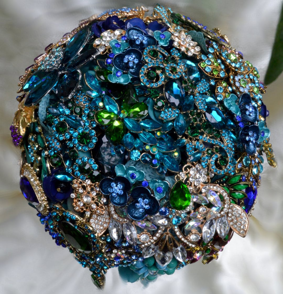 Custom Brooch Bouquet Bridal Broach Bouqet Peacock Wedding Blue Green ...