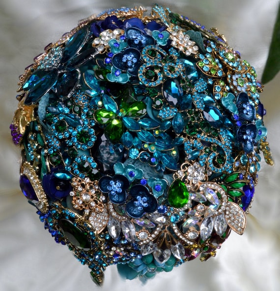 Custom Brooch Bouquet Bridal Broach Bouqet Peacock Wedding Blue Green Gold Teal Crystal Turquoise