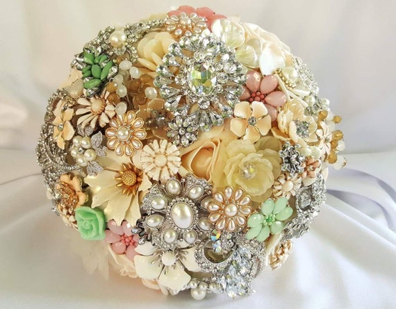 Custom Bridal Brooch Bouquet in Cream Champagne Blush Pink Mint Green and Lace Silver Gold Broach Bouqet