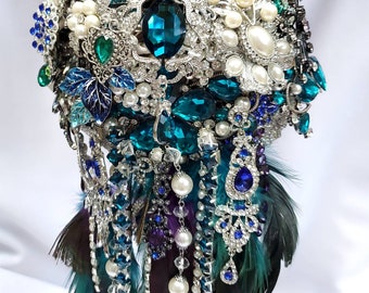 FULL PRICE CUSTOM Cascading Brooch Bouquet Peacock Broach Bouqet Peacock Wedding Teal Purple Black Gray Silver Pearls Green Blue