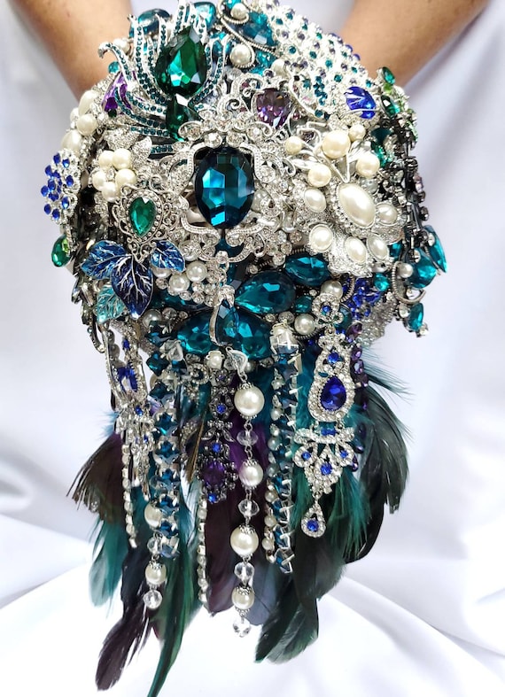 FULL PRICE CUSTOM Cascading Brooch Bouquet Peacock Broach Bouqet Peacock Wedding Teal Purple Black Gray Silver Pearls Green Blue