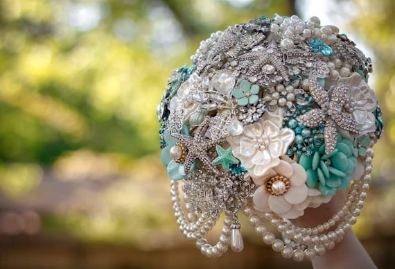 Custom Made Bridal Brooch Bouquet in Aqua Ivory Turquoise Blue White Semi Cascading for Beach Aquarium Wedding Broach Bouquet