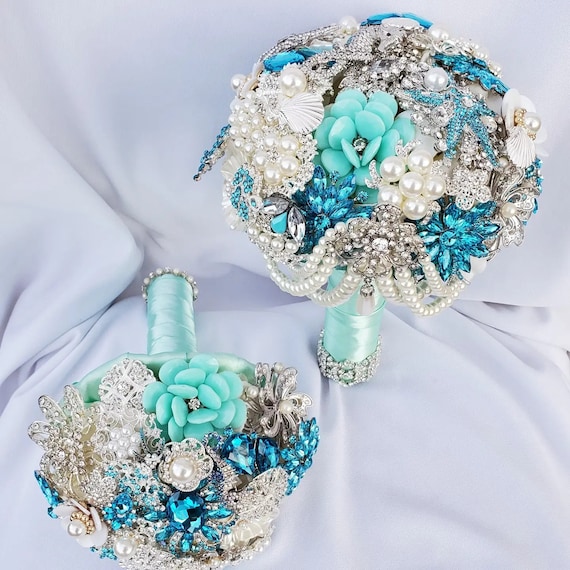 Custom Bouquet Package Bridesmaid Bouquet Bridal Broach in Silver Sparkly Jeweled Bouqet Turquoise Teal Blue Aqua Ivory White Pearl