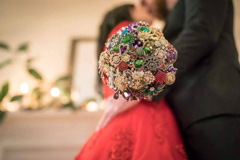 DEPOSIT on Brooch Bouquet CUSTOM MADE Bridal Broach Bouqet Peacock Wedding Red Black Pink Purple Blue Green Gold