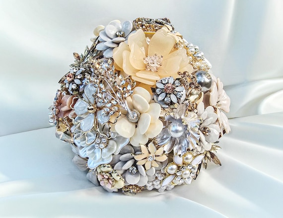 READY to SHIP Elegant Brooch Bouquet: Champagne Grey Cream Ivory Jeweled Bouqet