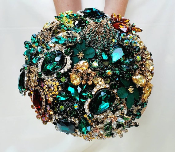 FULL PRICE on CUSTOM Made Bridal Brooch Bouquet Wedding Broach Bouqet Gold Emerald Hunter Green Brown Champagne Amber Bouqet