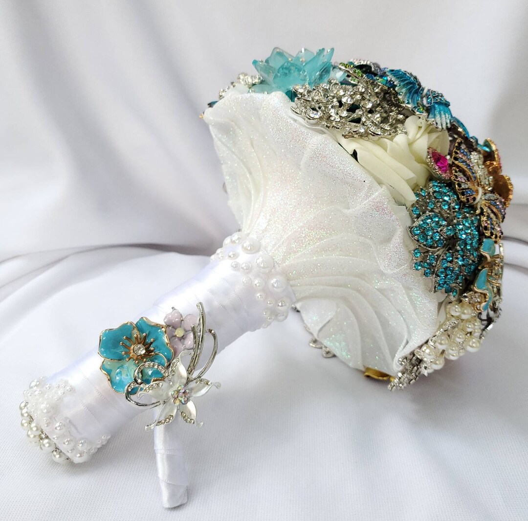 Custom Beach Wedding Brooch Bouquet in White Turquoise Teal Blue Pink ...