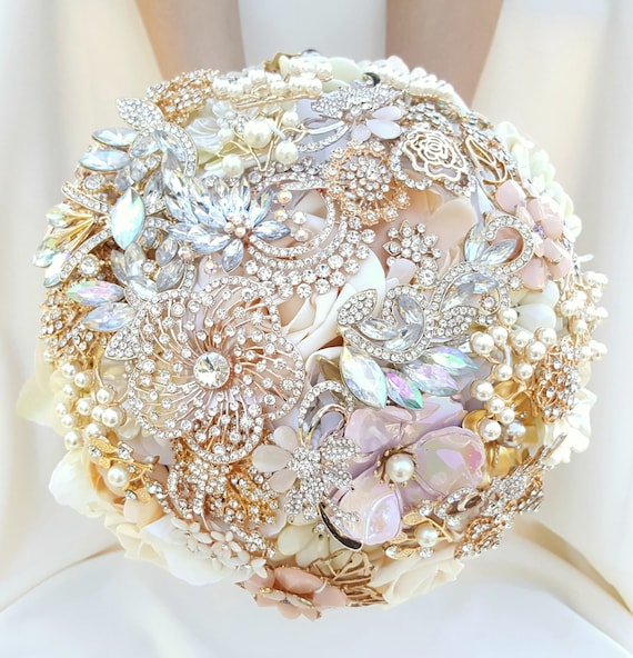 Custom Rose Gold Bridal Brooch Bouquet: Blush, Ivory & Lavender